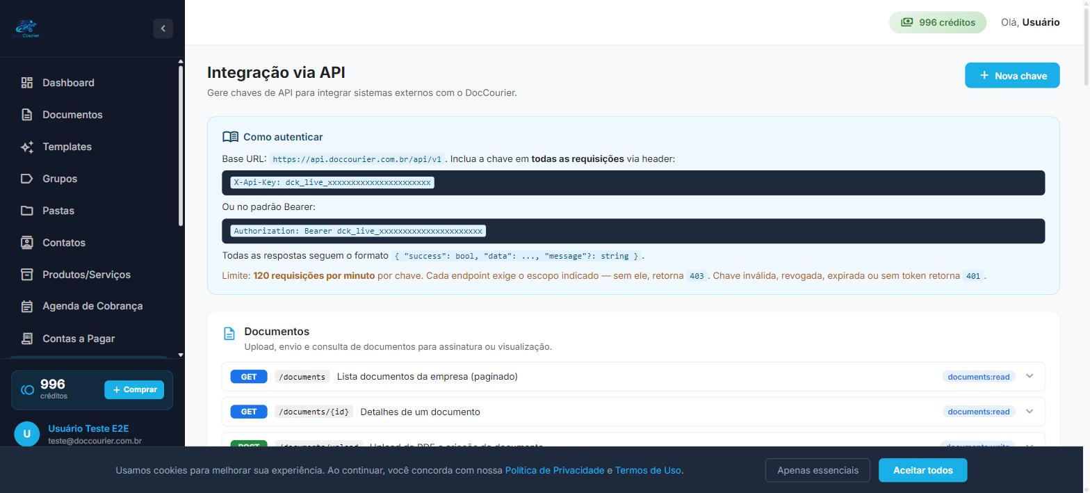 Tela de Integração via API do DocCourier